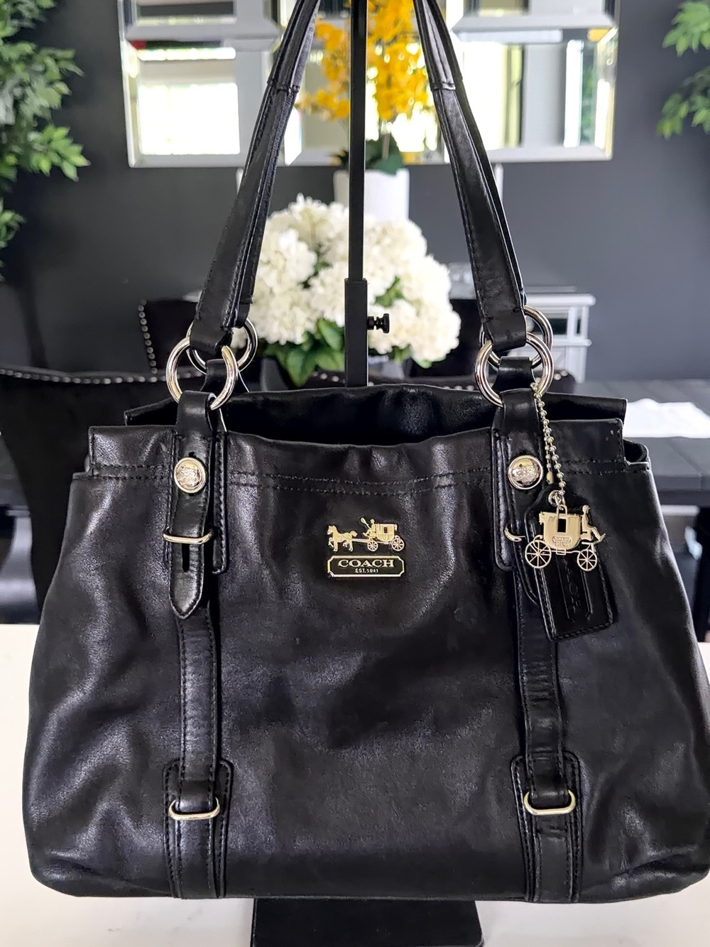 COACH Black Leather Shoulder Tote with Signature Silver Hardware - Picture 7 of 10